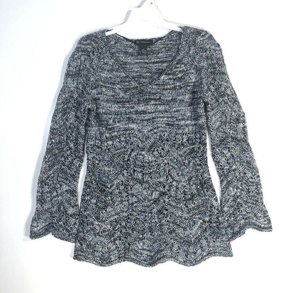 INC International Concepts V Neck SWEATER Ladies Medium Blue White SILVER SEQUIN